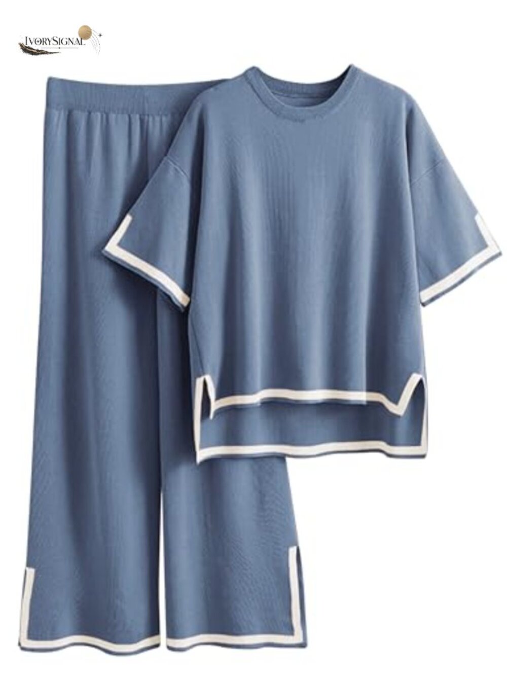 Women's 2 Piece Lounge Sweatsuit Knit Wide Leg Pant Sets Short Sleeve Crew Neck